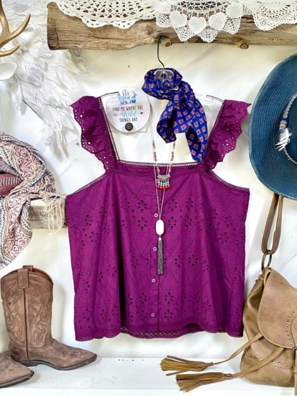 Denver Hayes Purple Eyelet Ruffle Strap Tank